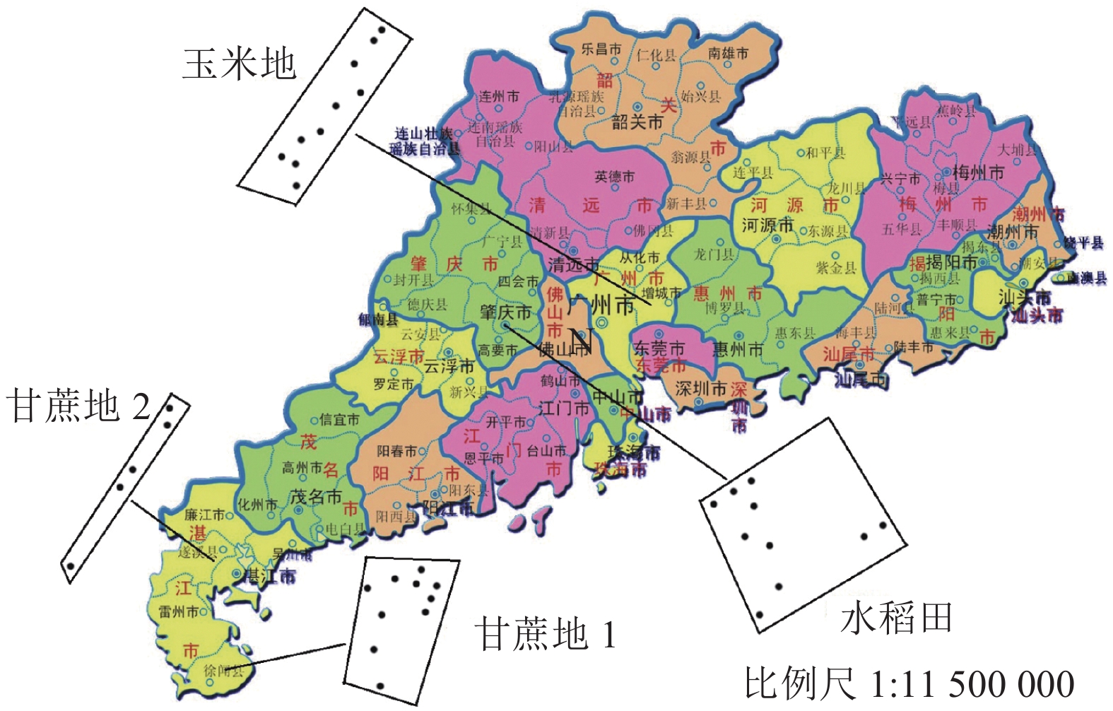 分别为肇庆市鼎湖区水稻田,湛江市徐闻县甘蔗地1,湛江市遂溪县甘蔗地2